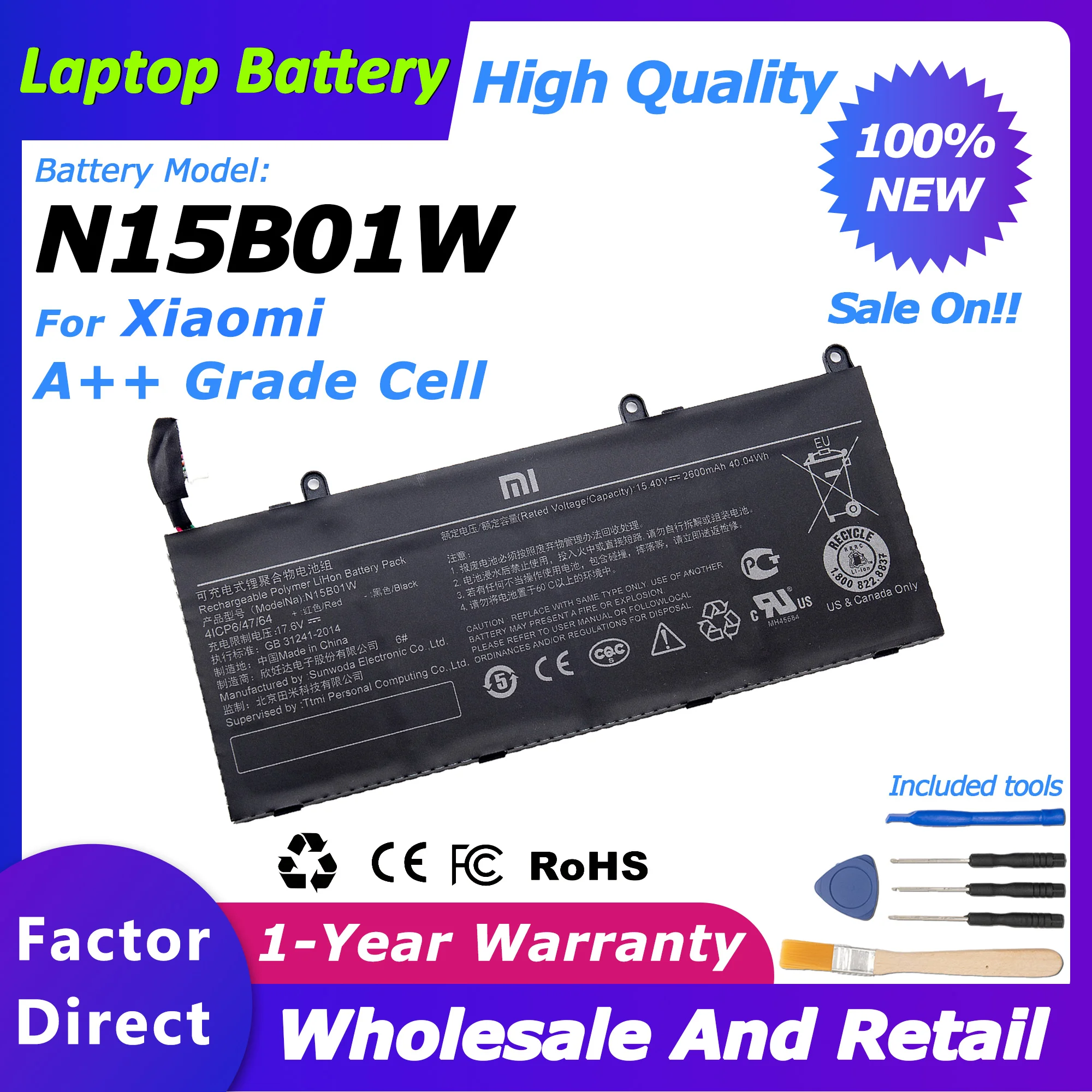 Фото N15B01W Оригинальный OEM аккумулятор для Xiaomi Ruby 15,6 дюймов NOTEBOOK Ti/TM1703/TM1802 аккумулятор для ноутбука 15,4 В 40,04 Втч Бесплатные инструменты №1