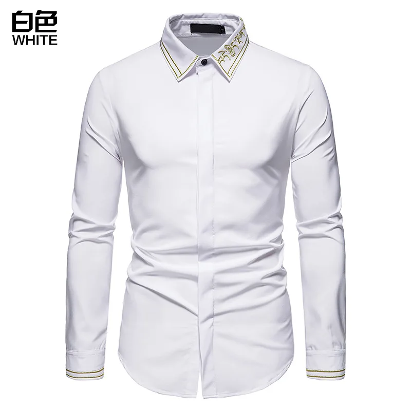 Men's Colorblocking Business Fashion Embroidered Long Sleeve Shirts Hollow Embroidery High Quality Shirts for Men 2022 New