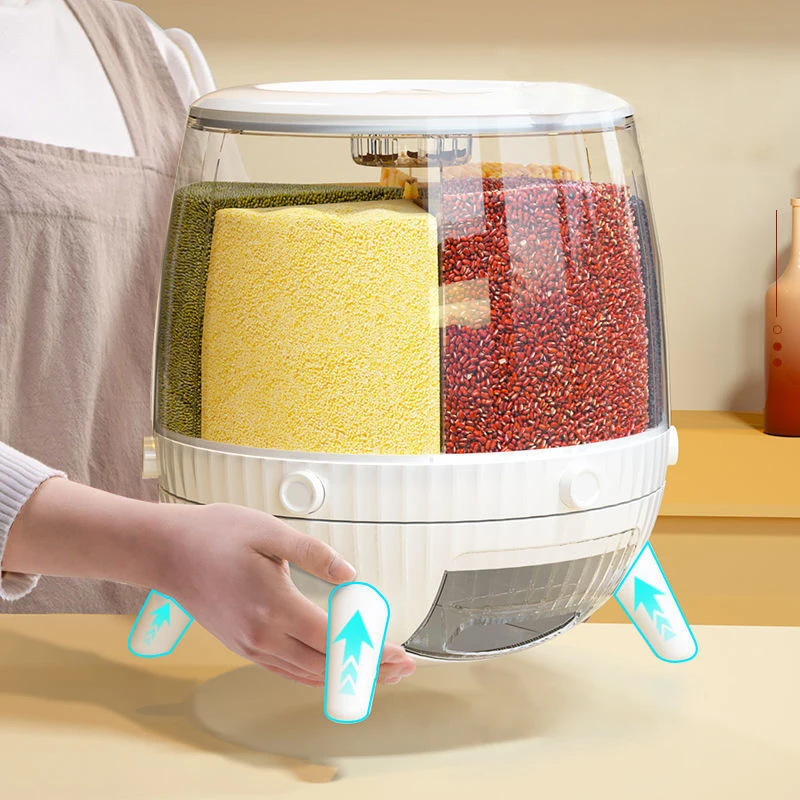 

Rotary Kitchen Storage Box for Rice Grain Cereals Food Bulk Container Sealed 6 Compartment Large Capacity Storage Bucket Home