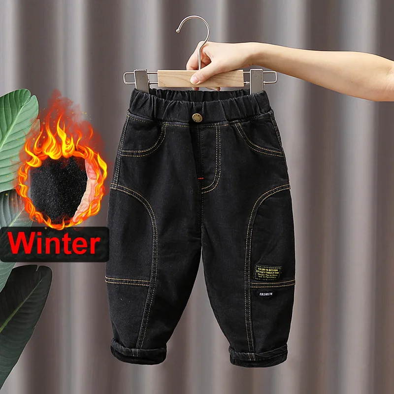 

New Boys Leisure Jeans Winter Children Cotton-padded Trousers Kids Thicken Plus Velvet Denim Pants 2-11Years