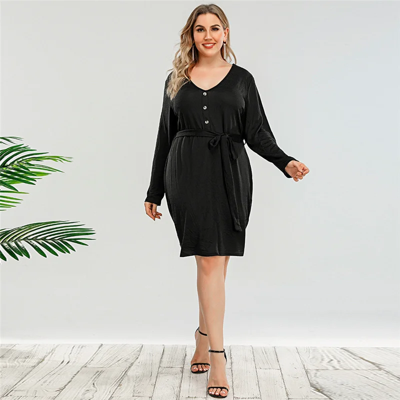 

Plus size opening 2022 large size long sleeve V-neck chest dress spring and autumn style