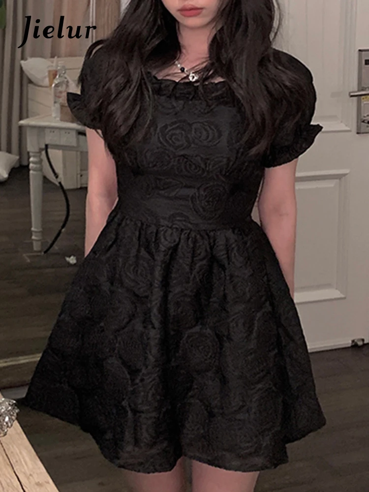 Jielur Женские платья на шнуровке с бантом и тонкой талией летнее Черное Женское