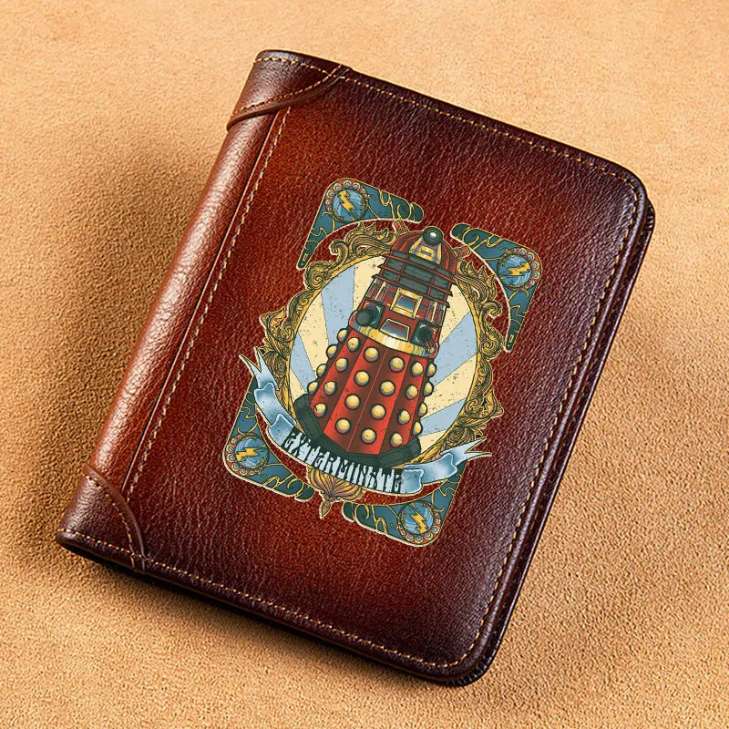 

High Quality Genuine Leather Men Wallets Doctor Who Exterminate Printing Short Card Holder Purse Luxury Brand Male Wallet