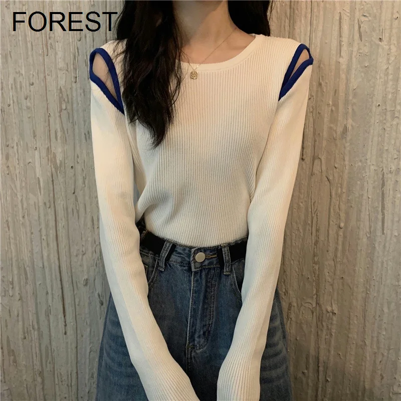 

White Long Sleeved Knitwear Women's Clothing Spring and Autumn Thin 2021 New Design Sense of Minority Off Shoulder Short Upper
