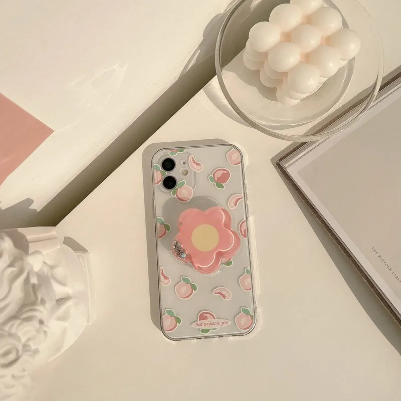 

Phone Case for IPhone 14 12 11 13 Pro Max Xs X Xr 7 8 Plus Pink Flower Printing Transparent with Bracket Protection Back Cover