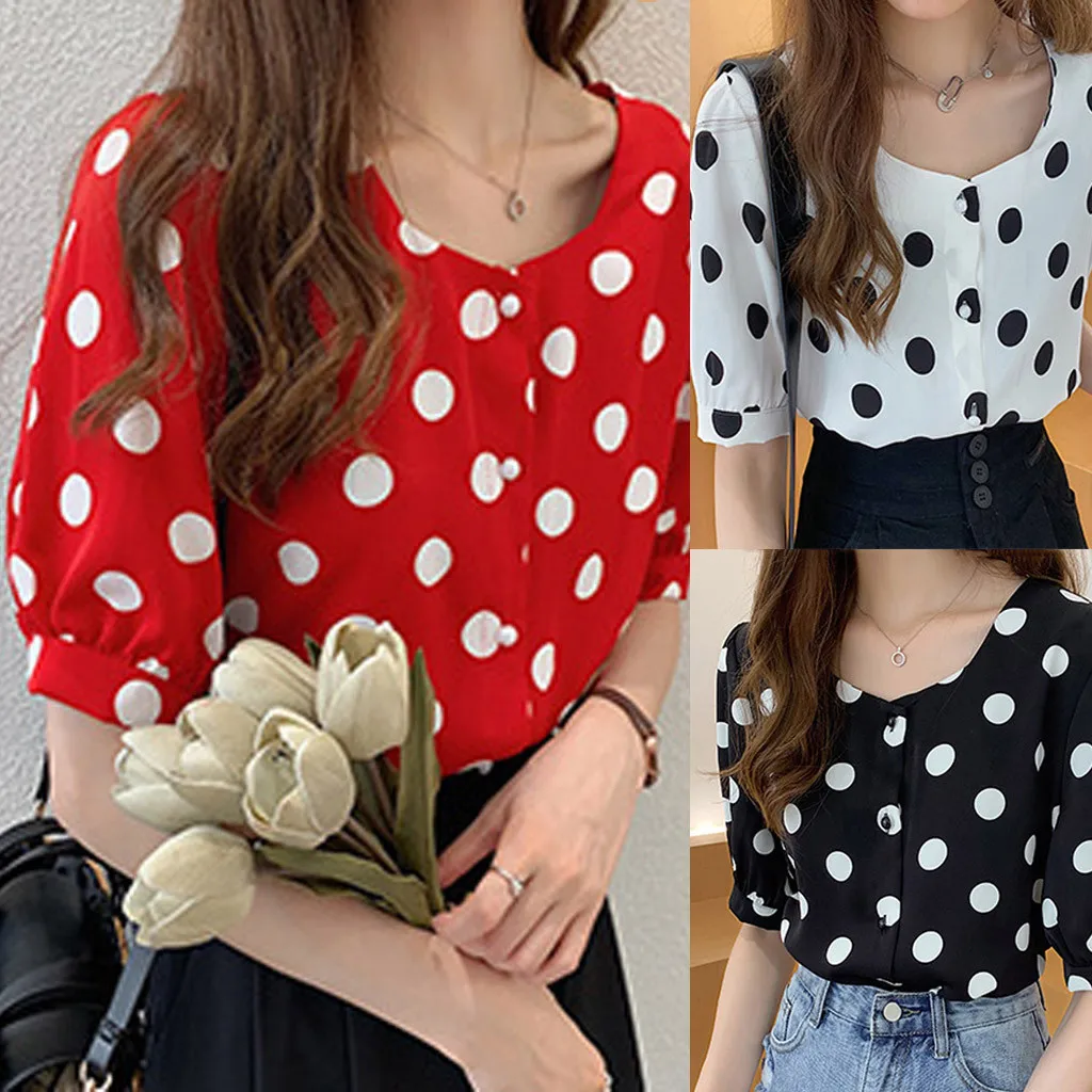 

Fashion Women Casual Short Sleeve Polka Dot O-Neck Womens Sexy Chiffon V Neck Ruffle Loose Fit Blouse Top Shirts Dress Top