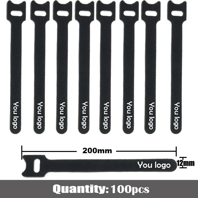 

100 шт., 200 мм, индивидуальный логотип, нейлоновая обратная пряжка, крючок, петля, застежка, кабельные стяжки, ремешок, липкая линия, отделка, печать вашего логотипа