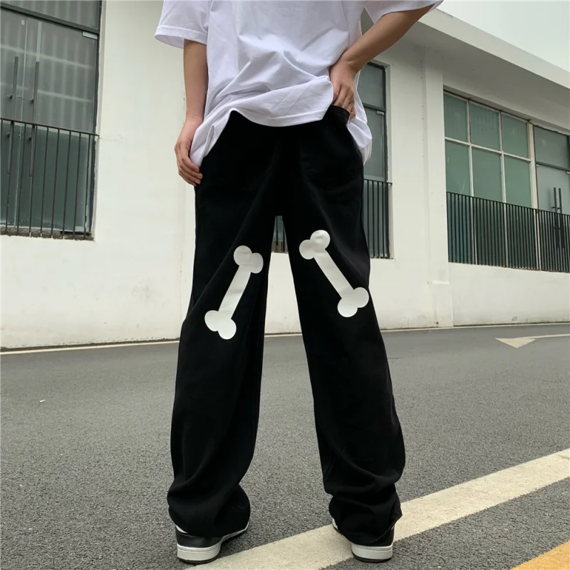 Hip Hop Black Jeans Men Fashion Printing Denim Trousers Spring Autumn Ins Retro Wide Leg Pants Oversized Man Clothing Streetwear