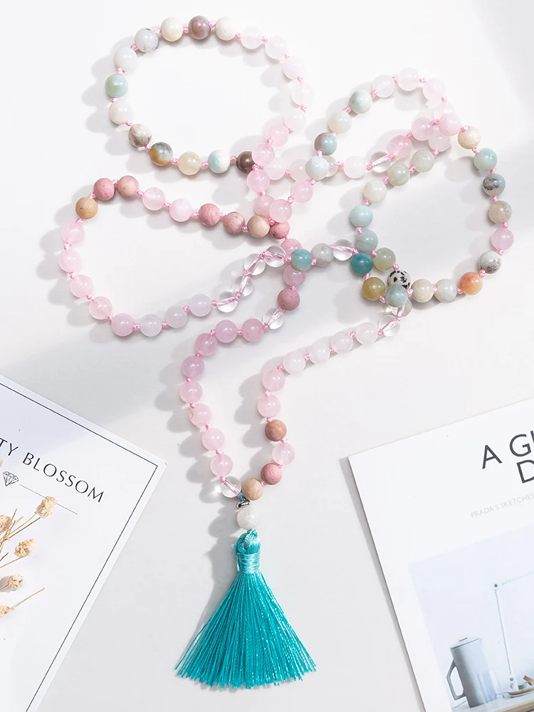OAIITE 8MM Natural Stone Rose Quartz 108 Mala Beads Necklace for Women Men Japamala Rosary Beaded Meditation Yoga Spirit Jewelry