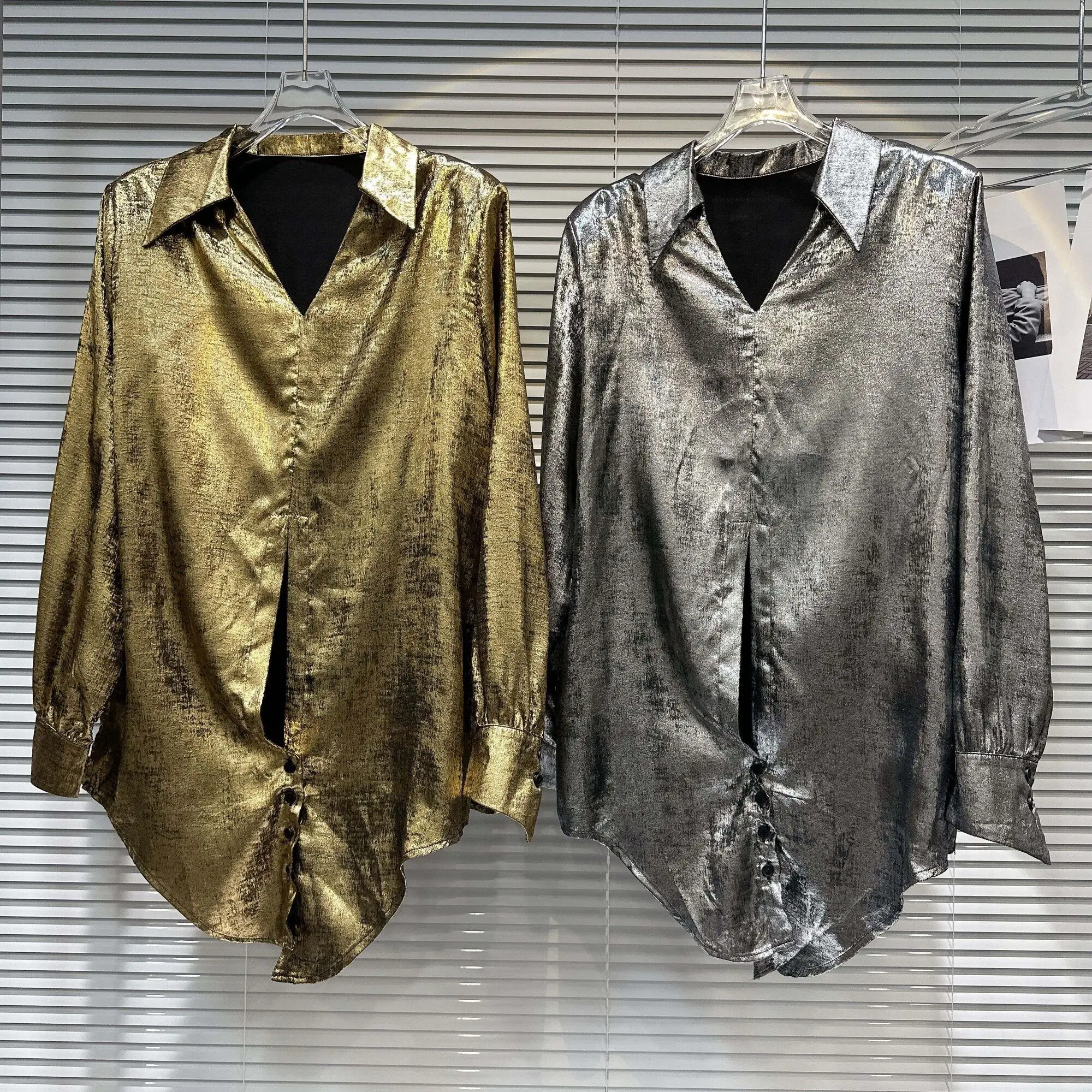 

Women's Oversized Button Up Metallic Shirts Gold Silver Fall Tops