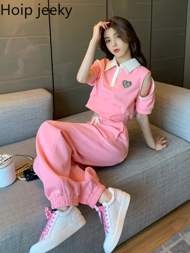 

Hoip Jeeky Leisure Sports Suit Women 2022 Summer Heart Patchwork New Polo Neck Top ＋ High Waist Wide-Leg Pants Two-Piece Trend