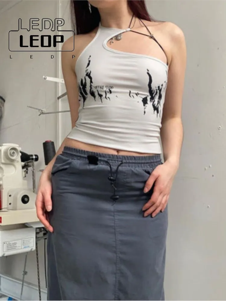

LEDP Fashion Sexy Suspenders Summer New Retro Personalized Cut Print T-shirt Goth Punk Street Cut Top Harajuku Y2k Top Women