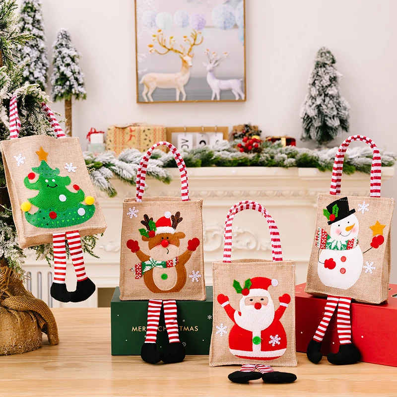 

Christmas Linen Tote Bag Candy Gift Bag Xmas Snowman Elk Children's Handbag Cookie Snack Drawstring Bundle Pocket Decor Supplies