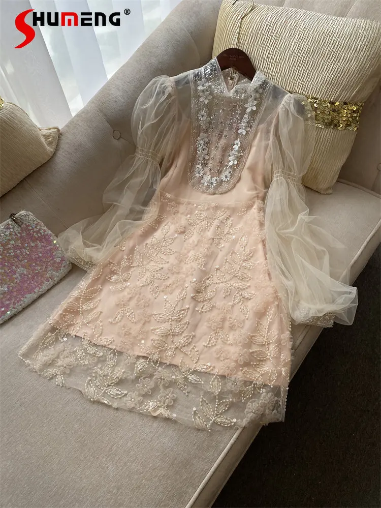 

French Style Apricot Lace Embroidered Mesh Puff Sleeve Above Knee Dress Women's 2023 Spring Fashion Elegant Beads Slim Dress