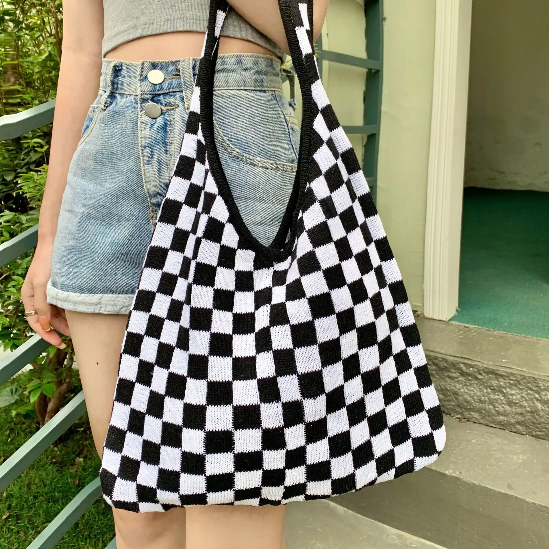 

Fashion Casual Bags for Women Japanese Style Casual Plaid Knitted All-match Large-capacity Woven Shoulder Bags Open Pocket