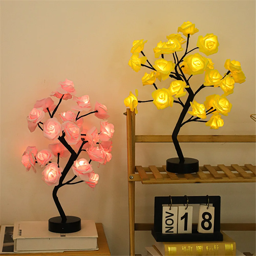 Rose Tree Lamp 24 LED Rose Night Light USB Battery Powered Girls Women Teens Gift Wedding Christmas Bedroom Party Nightlight