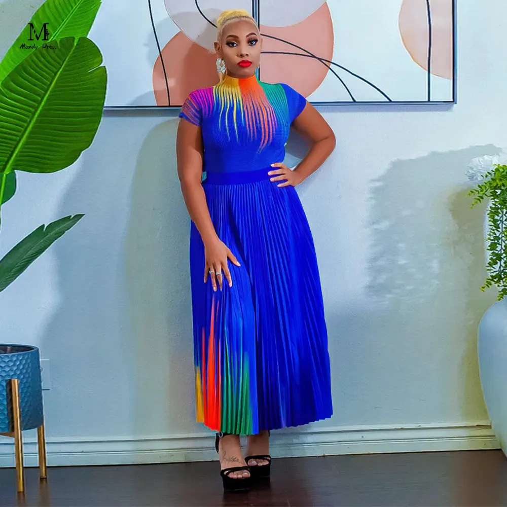 

High Quality Print Pleated Set Women Colorful T-shirt and Skirts Outfits 2023 Summer Fashion Elegant OL Women Two 2 Piece Suit