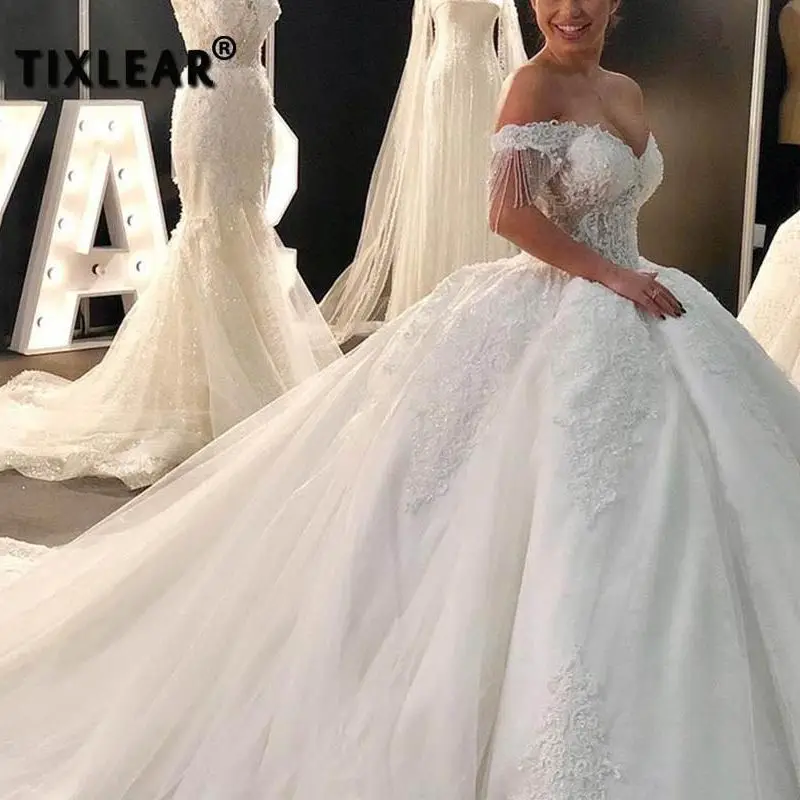 

Роскошное кружевное свадебное платье TIXLEAR с бисером для женщин, бальное платье с открытыми плечами, Тюлевое милое платье принцессы, свадебные платья для женщин