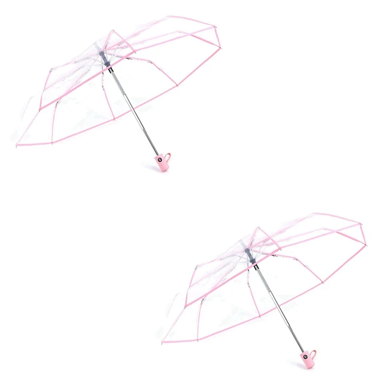 

2X Umbrella Automatic Umbrella Rain Women Men Sun Rain Auto Umbrella Compact Folding Transparent + Pink Border