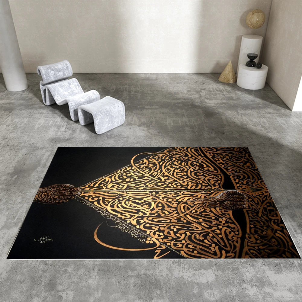 

BRART Black Golden Arabic Calligraphy Carpet Living Room Bedroom Bedside Rugs Soft Square Fluffy Carpets Home Table Decor Mat