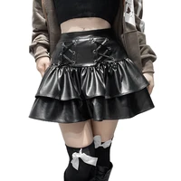 women casual skirt high waist solid color bandage ruffled a line short skirt black