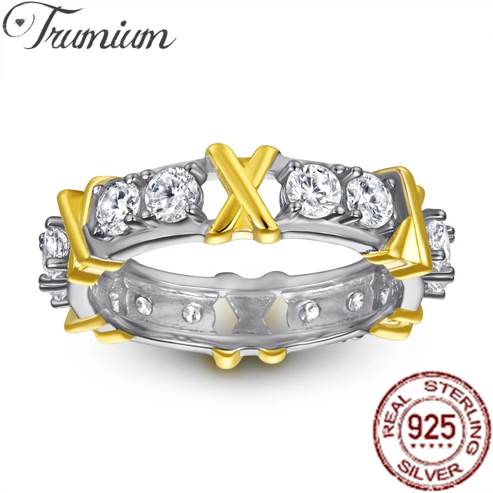 

Trumium Real 925 Sterling Silver Cross Full Zircon rings for women Plated gold Luxury Engagement Wedding Bands Promise Jewelry