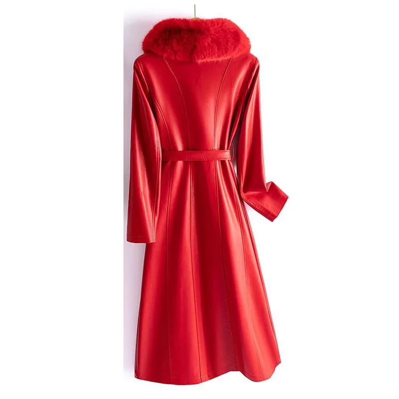 Женское толстое женское кожаное пальто средней длины из натуральной кожи