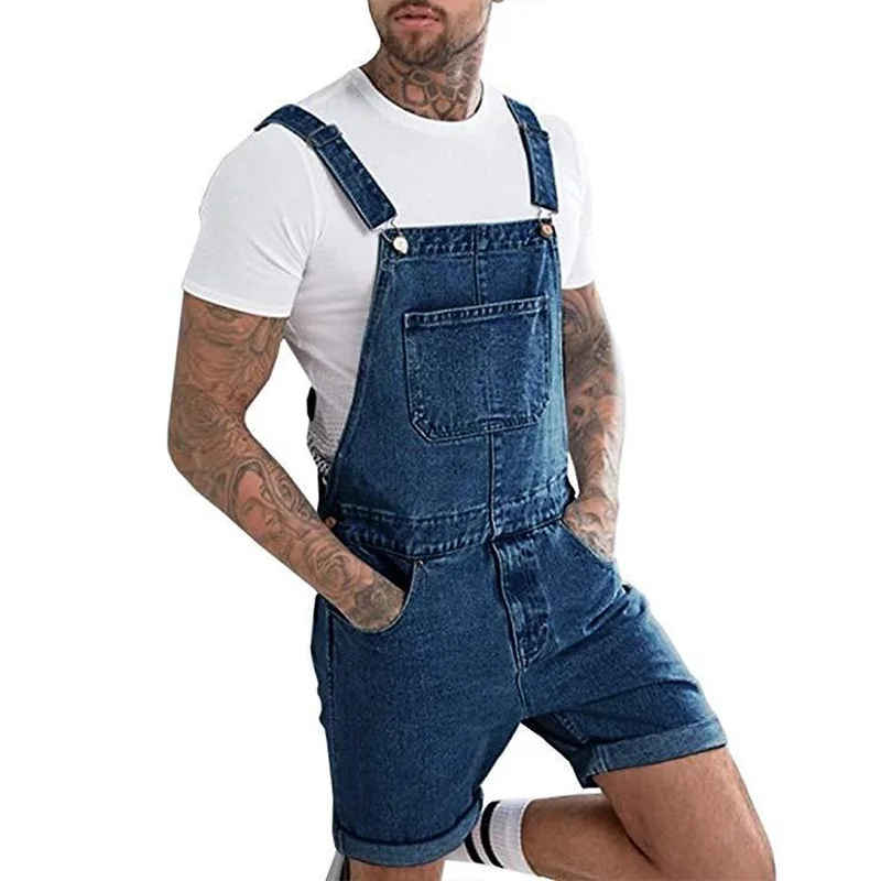New Vintage Mens Jeans Shorts One-piece Overalls Suspenders Streetwear Men Denim Rompers Casual Jumpsuits