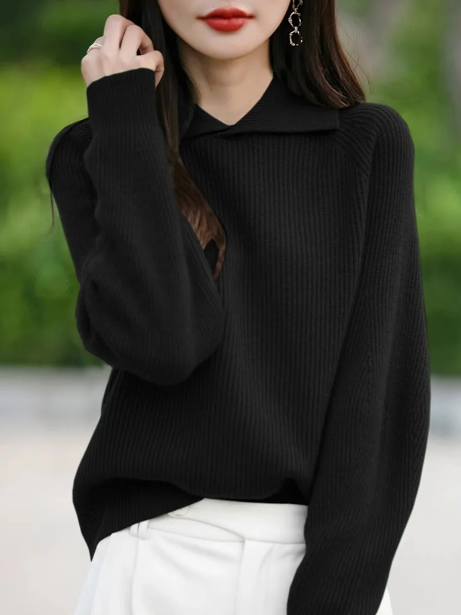 Тяжелый утолщенный свитер с лацканами женский теплый вязаный длинными рукавами