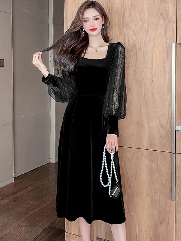 

Женское бархатное платье-миди с длинным рукавом, черное теплое платье составного кроя с квадратным вырезом на осень и зиму, 2022