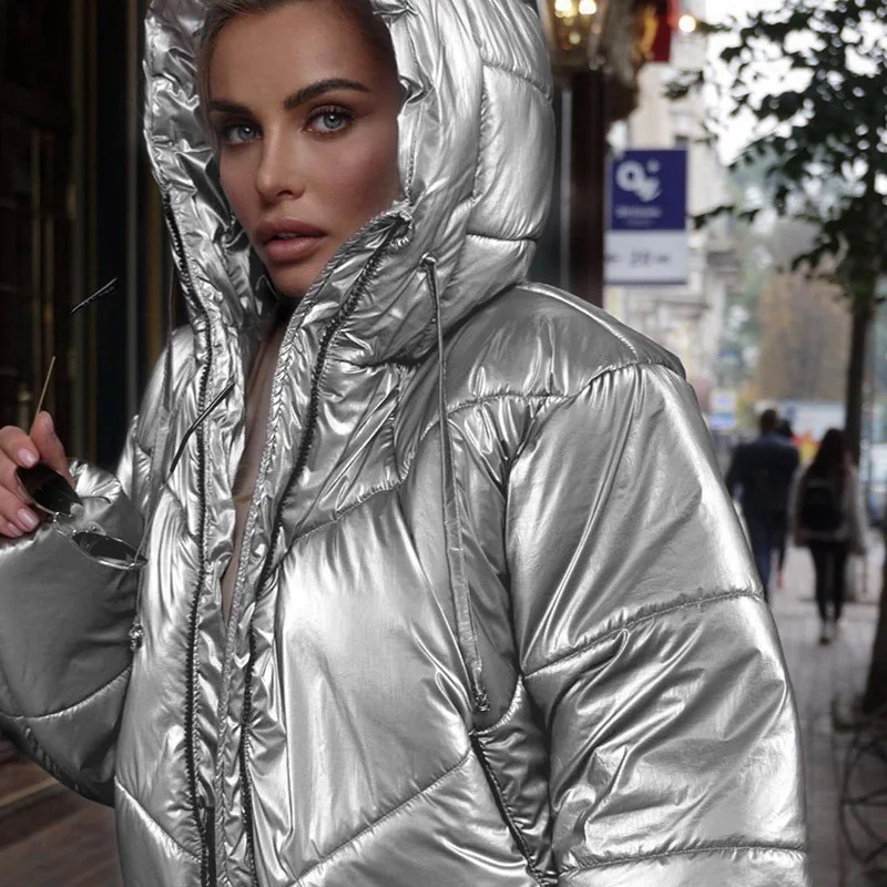 2021 New Winter Jacket Women Parkas Jacket Crop Jacket Shiny Bubble Coat Hooded Thick Jacket Warm Streetwear Fashion Outfits