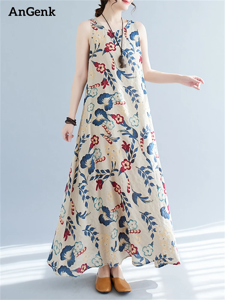 2023 New Summer Sleeveless Cotton Vintage Print Dresses For Women Casual Long Dress Femme Robe Elegant Vestidos Fashion Clothing