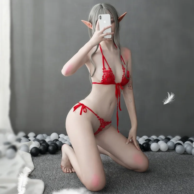 

JYZY Erotic Lingerie Women Embroidery Sexy Open File Chestless Supplies Perspective Passion Female Adult Bikini Set