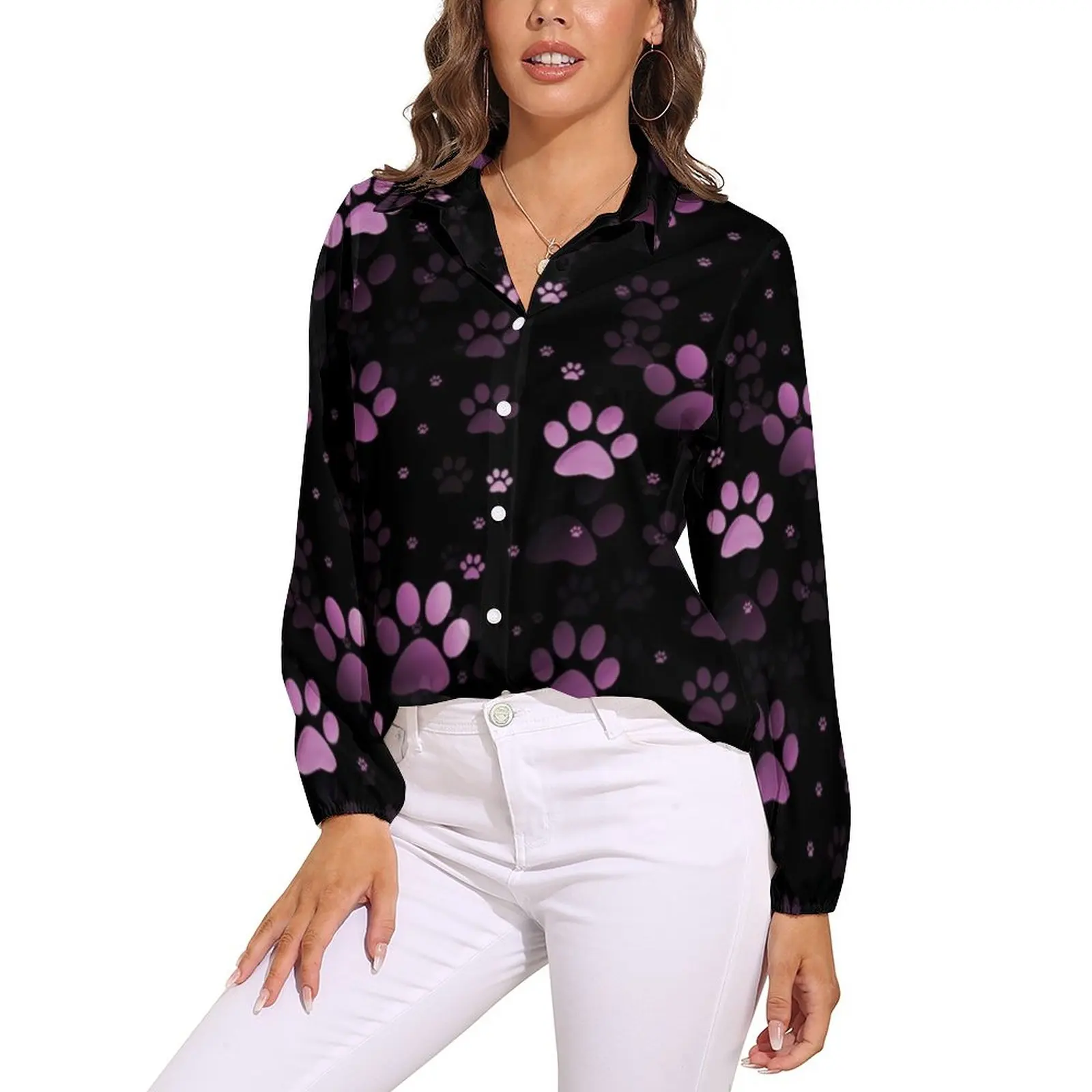 

Женская блузка с принтом в виде розовых лап собаки, свободная классическая блузка с принтом животных, Топ с длинным рукавом, большой размер ...