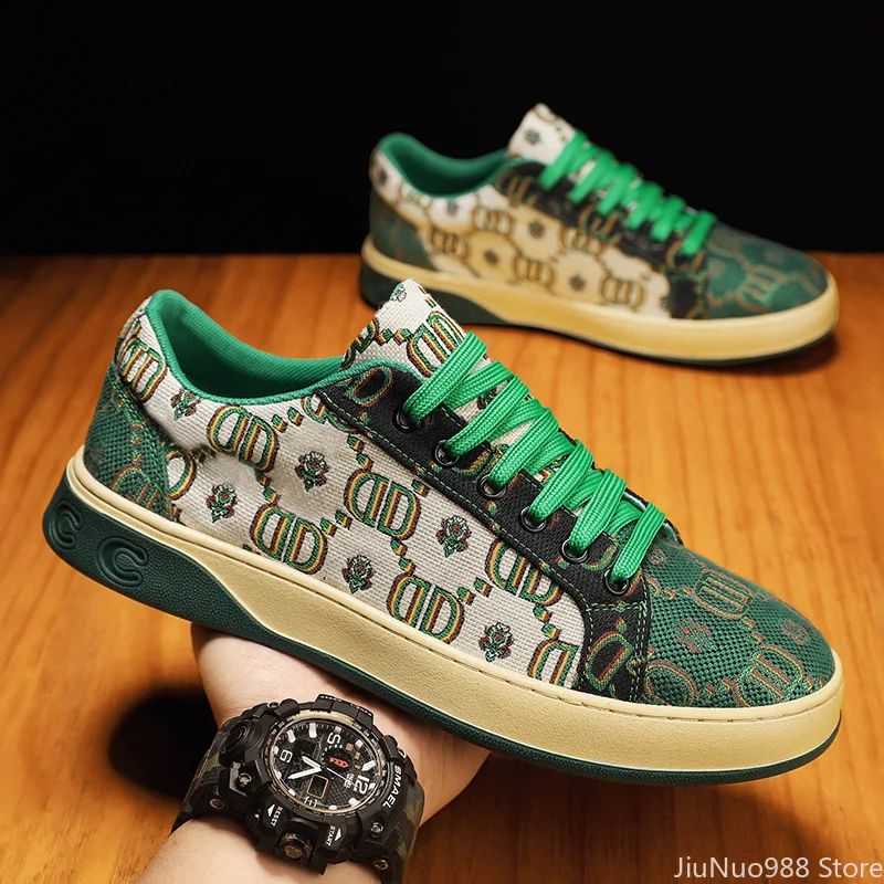 

2022 New Men Canvas Casual Shoes Spring Summer Man Lace-up Flat Skateboard Shoes Street Trend Print Loafers