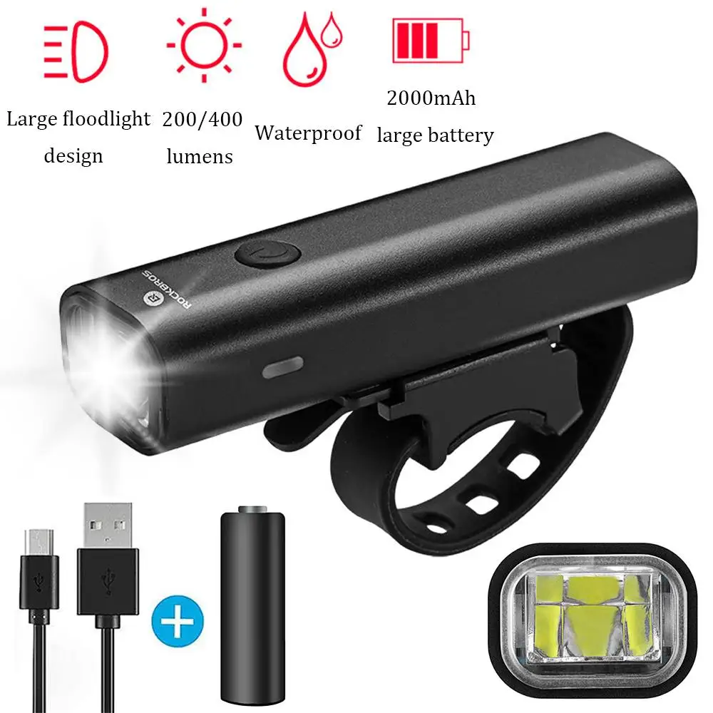 

400LM/200LM Floodlight Bike Front Light Bicycle Headlight Waterproof 3 Modes 2000mAh Battery USB Charging Cycling Flashlight