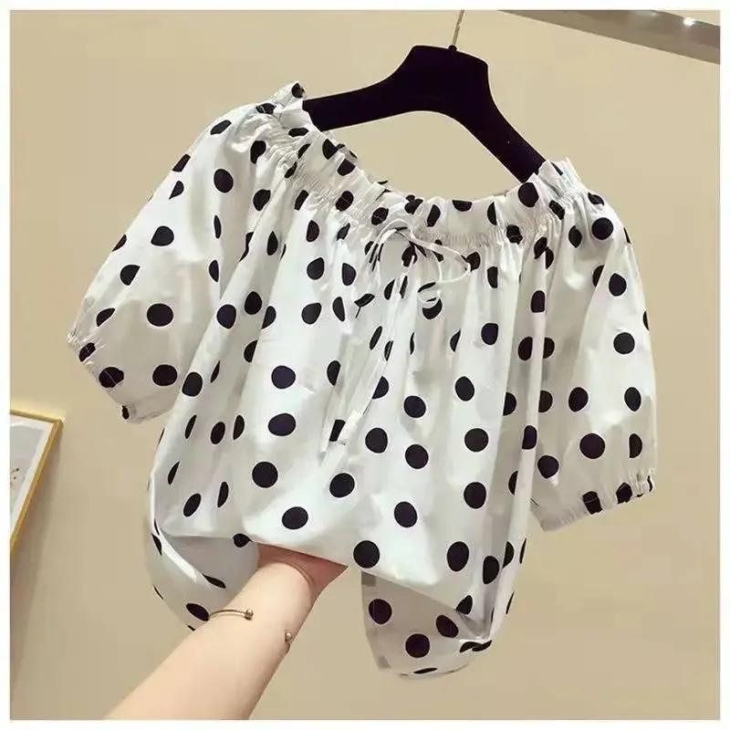 

Sweet Slash Neck Lace Up Bow Folds Polka Dot Blouse Women's Clothing 2023 Spring Casual Pullovers Chiffon Office Lady Shirt D171