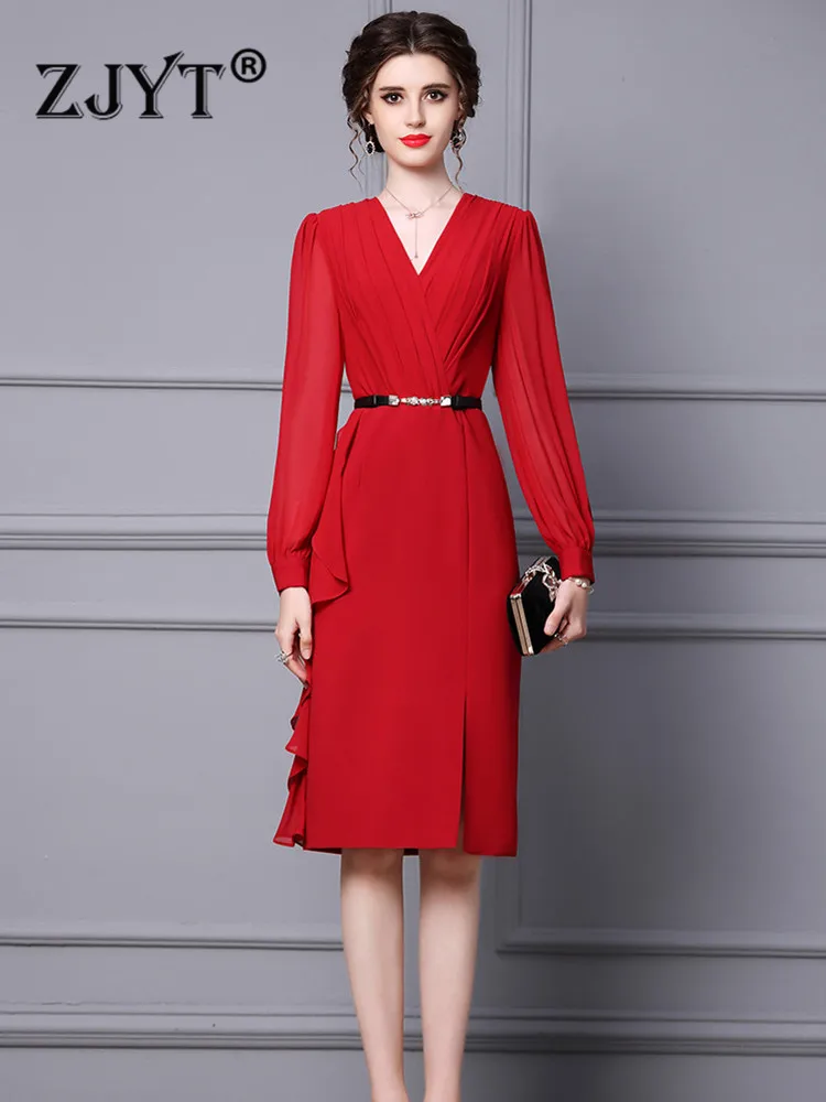 

ZJYT Runway Designer Ruffles Patchwork Pencil Office Work Dress Autumn Women Long Sleeve V Neck Red Party Gown Vestidos Female