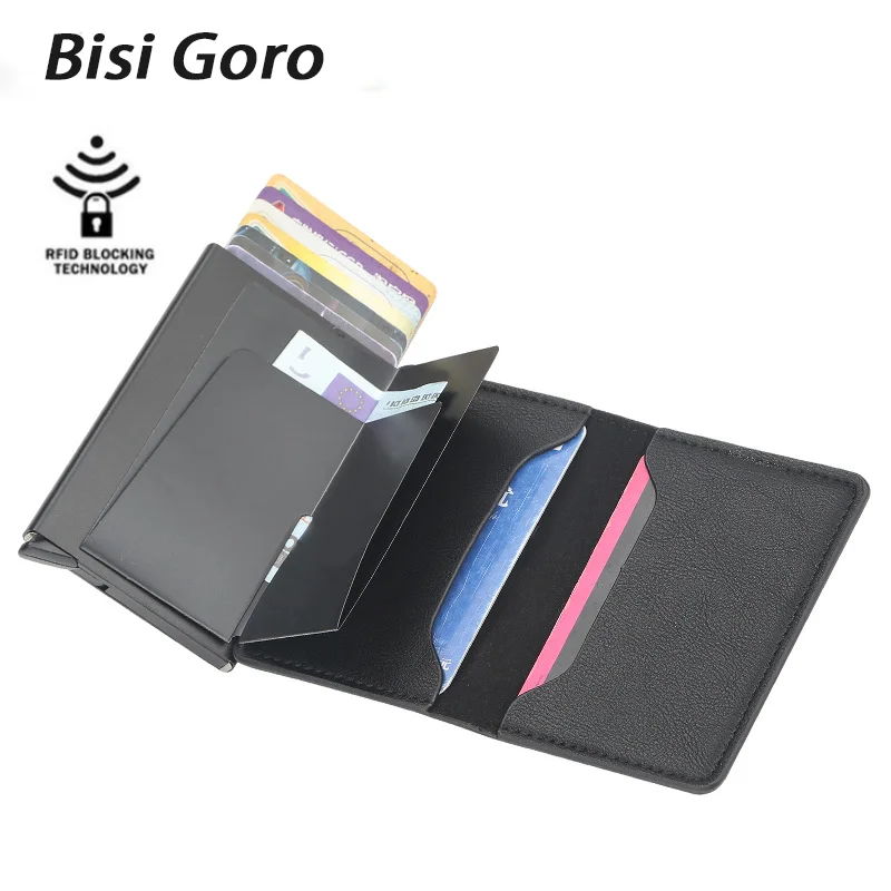 

Bisi Goro Men Smart Wallet RFID Safe Anti-theft Holder Women Small Purse Bank ID Cardholder Metal Thin Case PU Leather Wallets