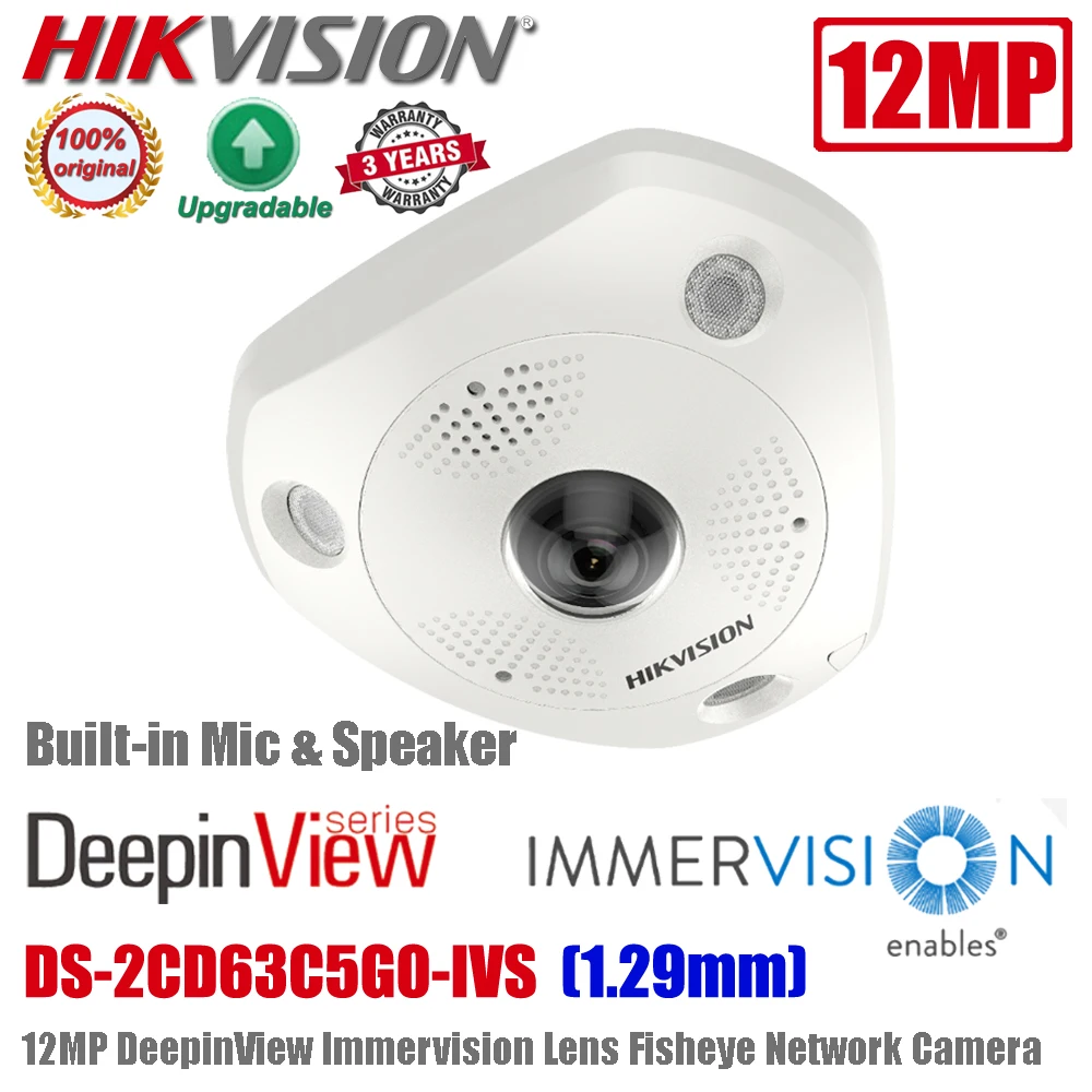 Original Hikvision DS-2CD63C5G0-IVS 12MP DeepinView Immervision Lens Built-in Mic Fisheye Network Panoramic Camera