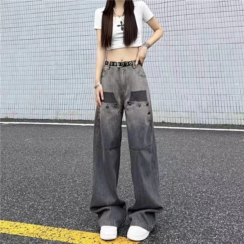 

Популярные серые градиентные супер эластичные мешковатые джинсы для девушек в стиле ретро, Woan, уличная одежда, тонкие широкие брюки с высокой талией, комбинезоны