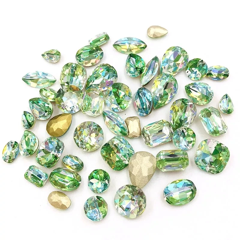 

Wholesale 15 Shape K9 Olive Laser Color Point Back Crystal Glass Glue on Rhinestones DIY Jewelry Making Nail Art