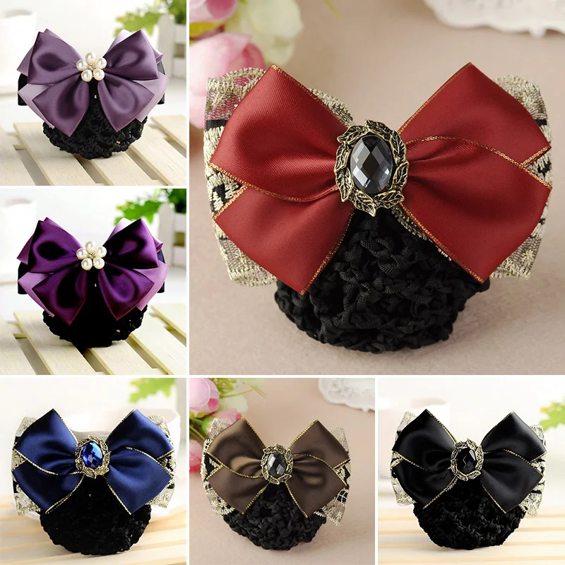 

Satin Bow Barrette Double Bowknot Snood Hairnet Cover Ribbon Hair Bun Ladies Flight Attendant Hair Clip Women Hair Accessories