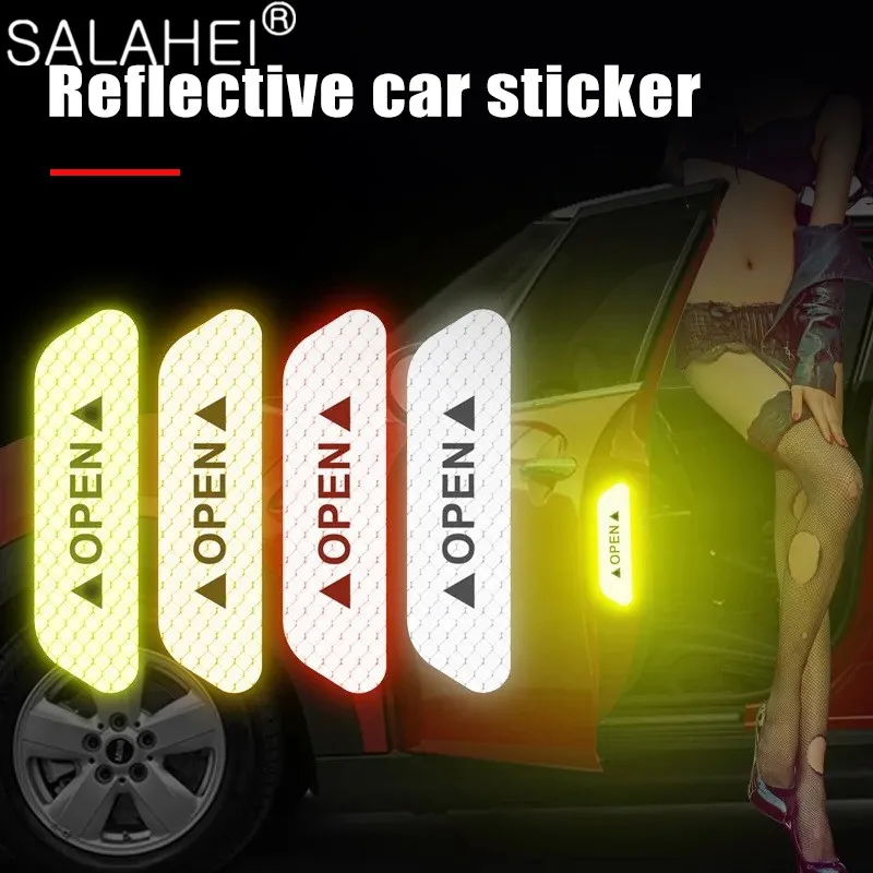 

4PCS Reflective Car Door Sticker Safety Opening Warning Mark OPEN Tape Decal Exterior Interior Reflector Strips Auto Accessories