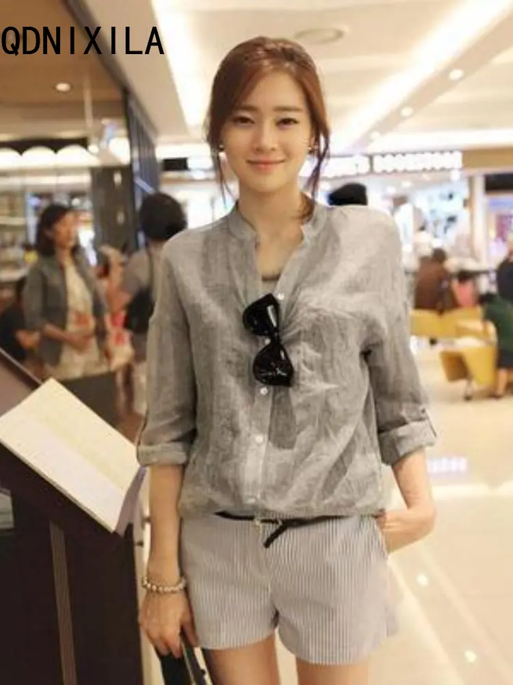 

Women Shirt 2023 Summer New Sunscreen Suit Loose Cotton Three Quarter Sleeve Thin Standing Collar Casual Shirt Blouse Women