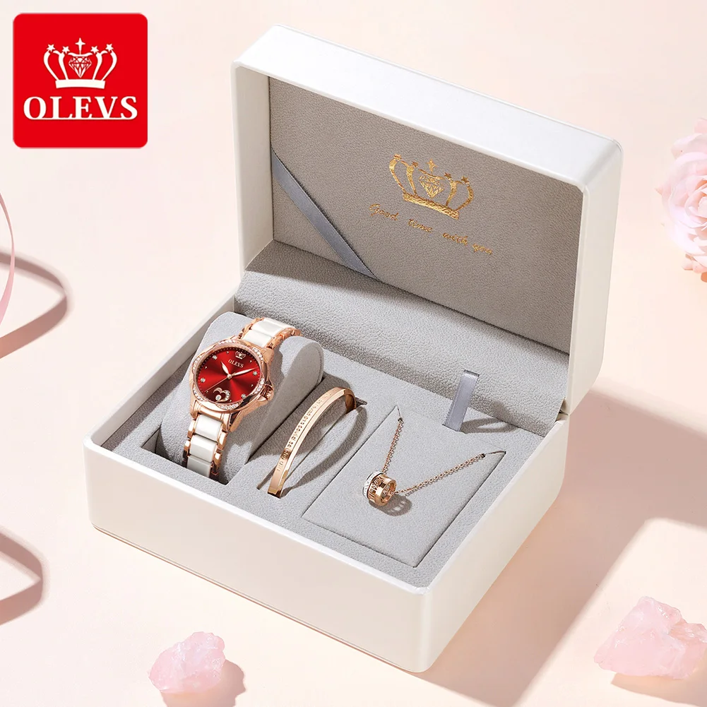 OLEVS Luxury Brand Women Mechanical Watch Ceramics White Watch Strap Automatic Mechanical Wristwatch for Women Gift Set enlarge