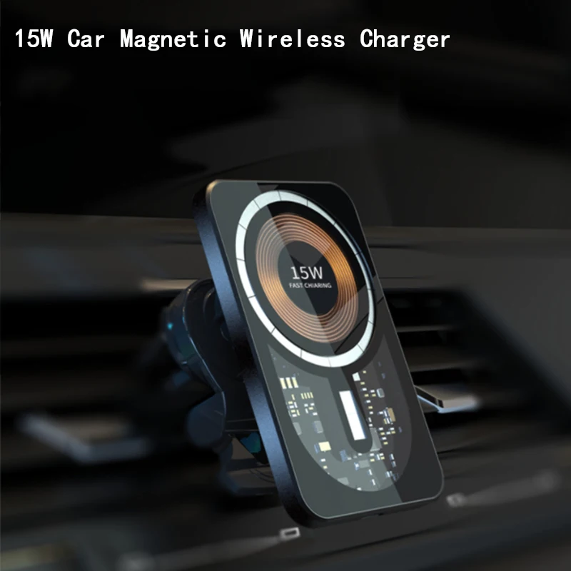 

15W Car Holder Magnetic Wireless Chargers Transparent Magsafe Charger with Led Light Fast Charging Car Phone Holder
