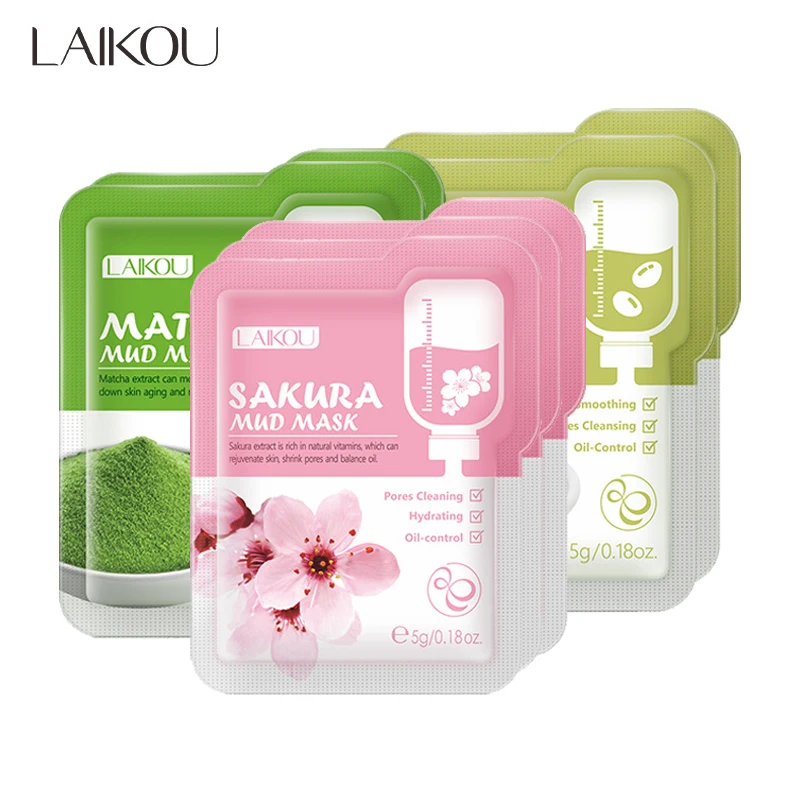 

LAIKOU 7pcs Mud Face Mask Mung Bean Matcha Cherry Blossoms Moisturizing Oil Control Anti Wrinkle Facial Mask Beauty Skin Care
