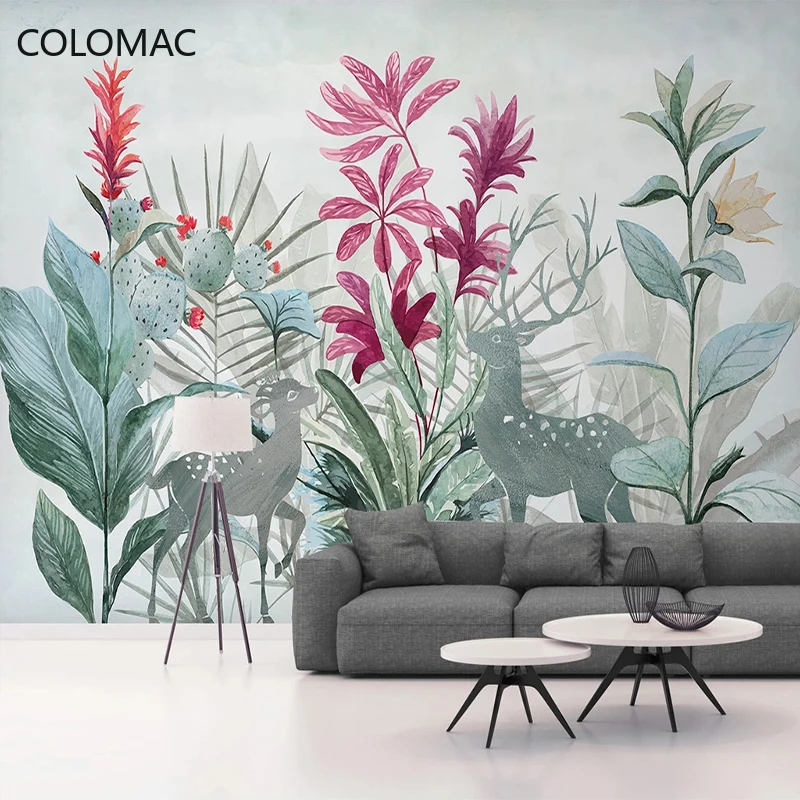 

Colomac Custom 3D Photo Wallpaper Nordic Tropical Plants Banana Leaf Forest Elk Modern Bedroom Mural Dropshipping