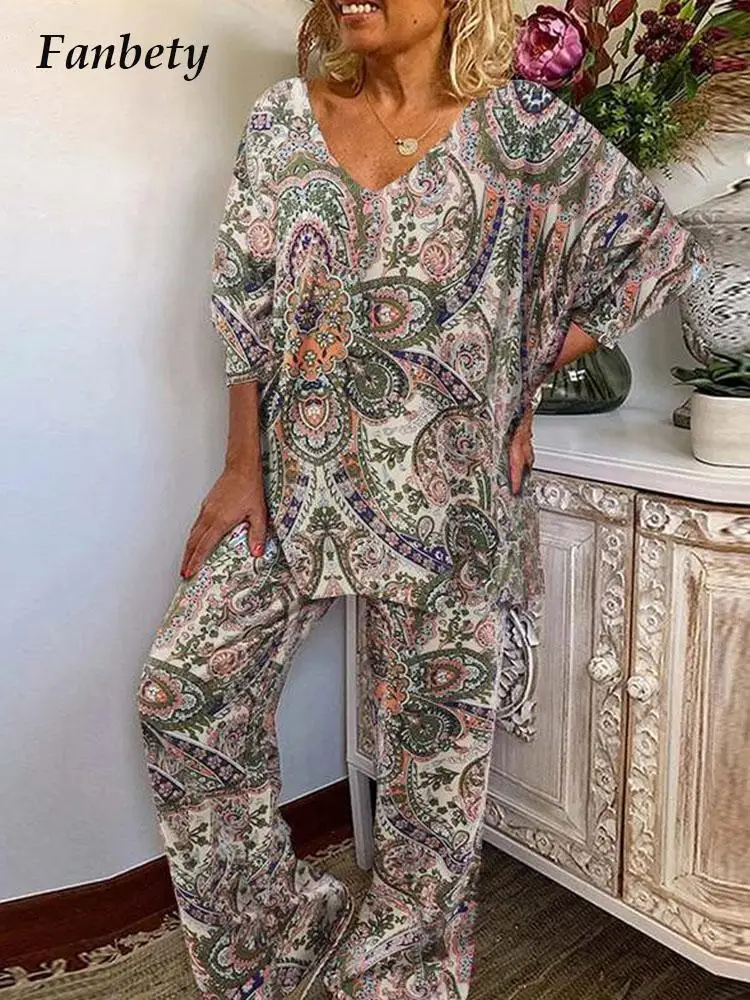 

New Women Vintage Print Trousers Two Piece Set Summer Ladies Thin Loose Suit Spring Casual Long Sleeve Tops Wide Leg Pants Suits